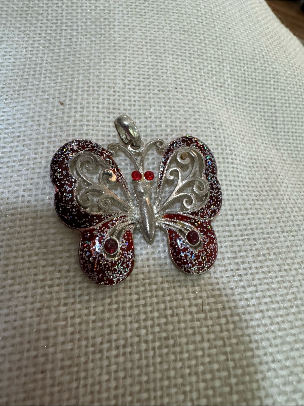 Silver Butterfly Pendant with Red Glitter Enamel - Women's Jewelry